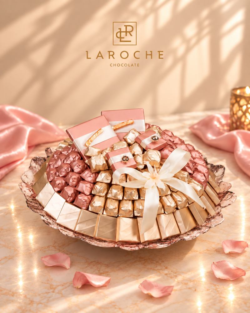 LaRoche Gold Rose blossom chocolate tray with luxurious rose and gold chocolate arrangement