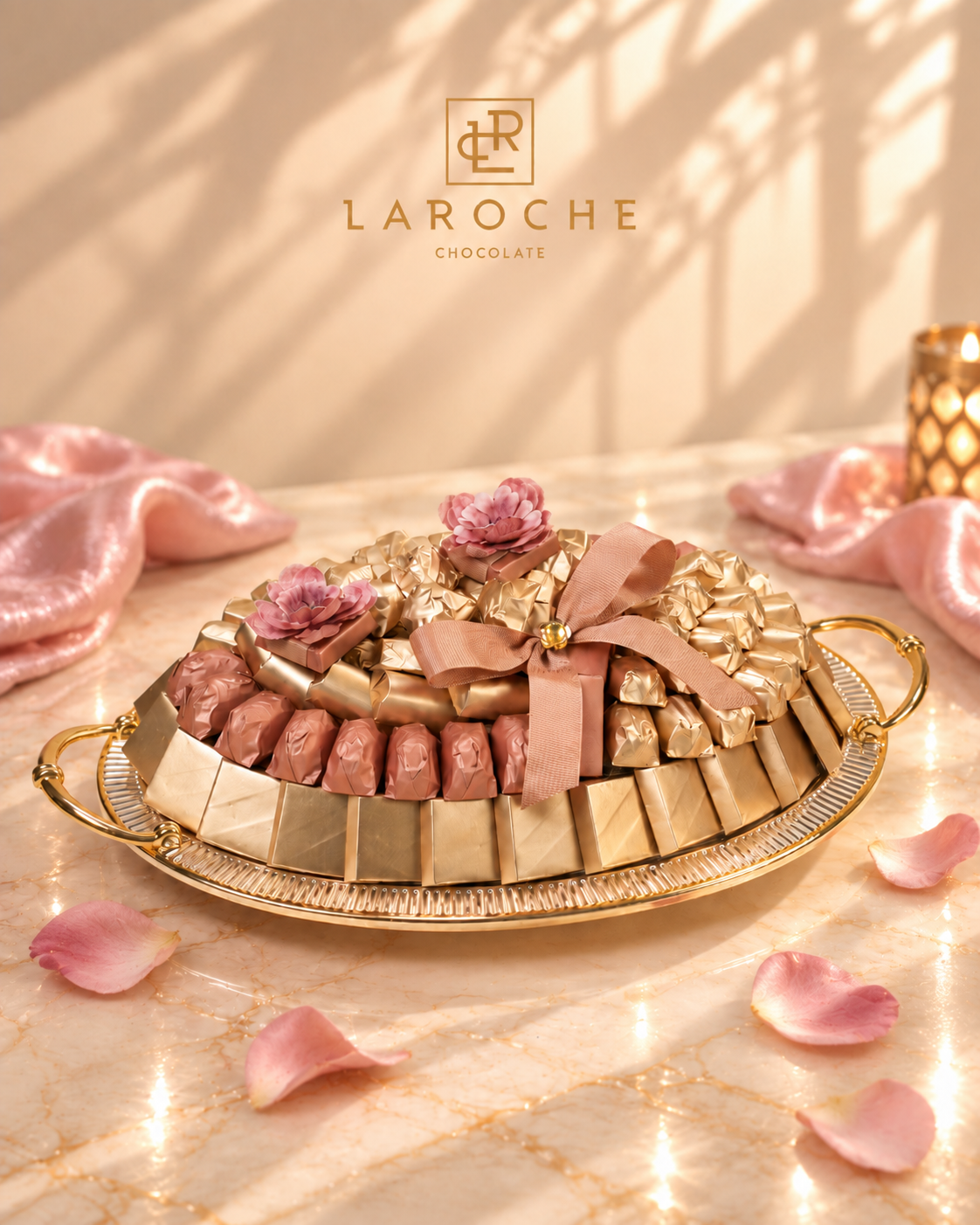 LaRoche Gold Rose royal oval chocolate tray with luxury rose and gold chocolate arrangement
