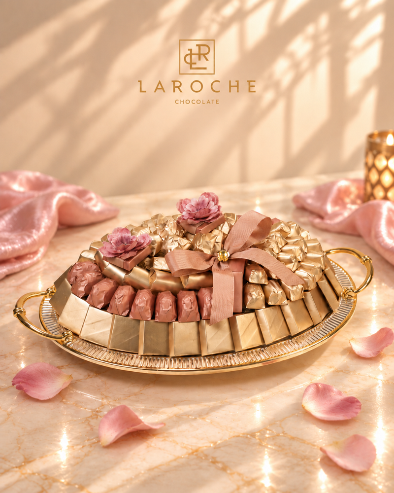 LaRoche Gold Rose royal oval chocolate tray with luxury rose and gold chocolate arrangement