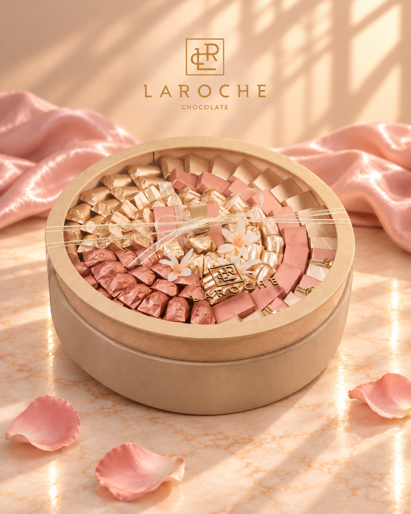 LaRoche Gold Rose round luxury chocolate box with elegant rose and gold chocolate arrangement