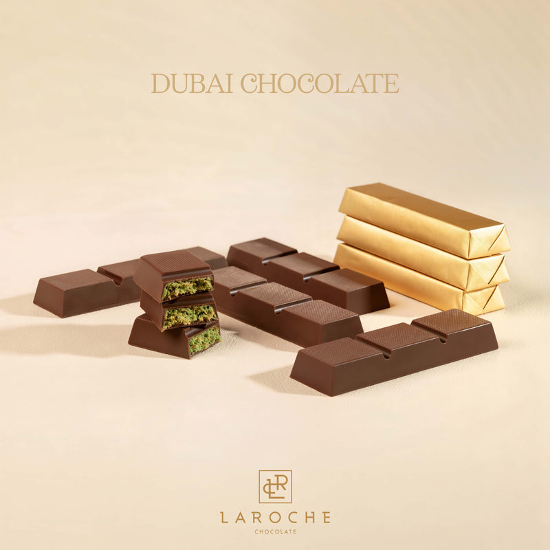 Luxury Dubai Chocolate Bar with Belgian chocolate, pistachio filling and crispy knafeh by Laroche Chocolates UAE
