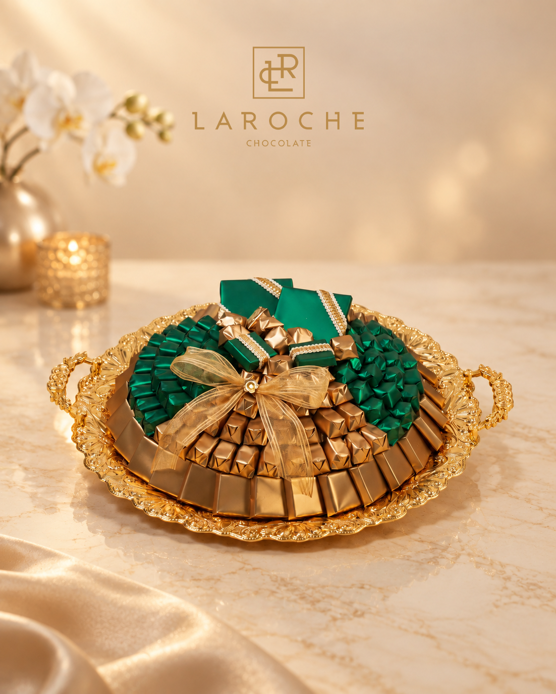 LaRoche VIP Emerald Royal round chocolate tray with premium assorted chocolates in green and gold arrangement