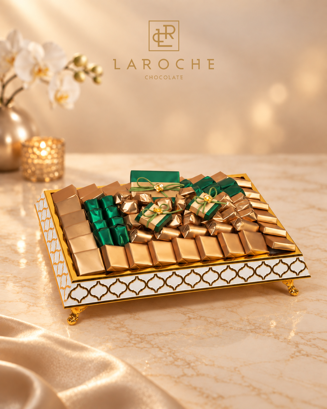 LaRoche VIP Emerald Square luxury chocolate tray with assorted premium chocolates in green and gold arrangement