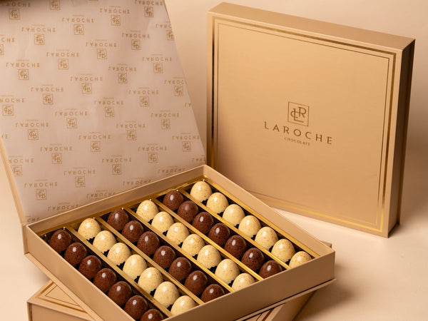 Laroche wafer filled chocolate eggs box in luxury beige packaging