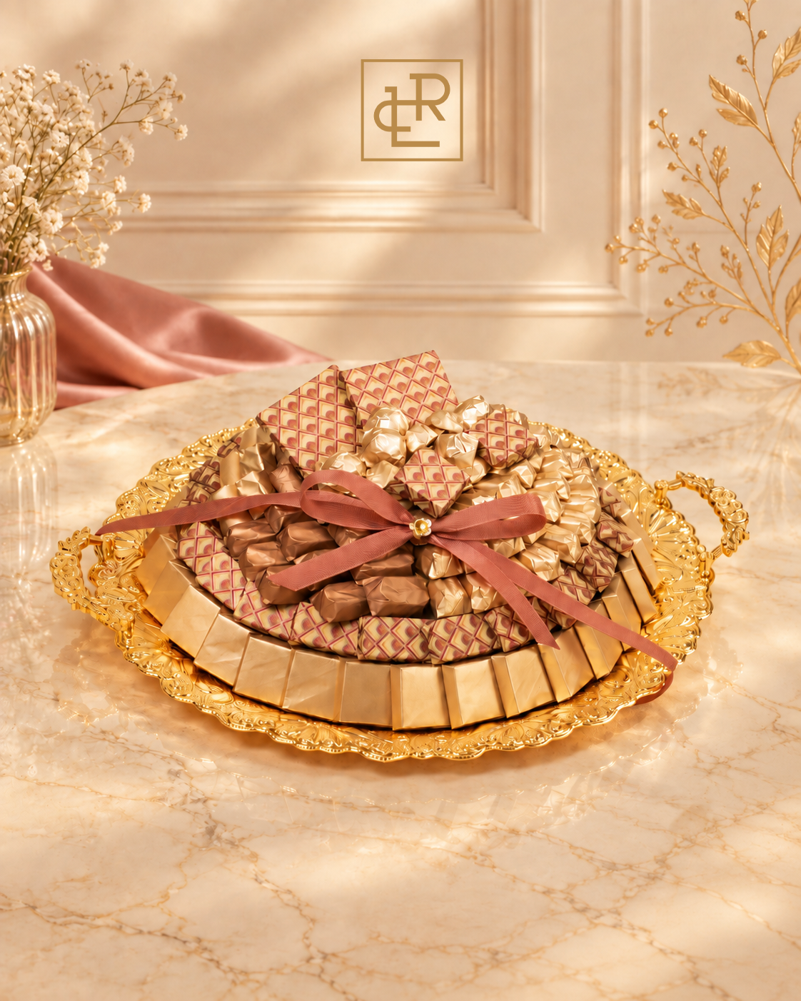 LaRoche Blush Gold Royal luxury chocolate tray with assorted premium chocolates in pink and gold arrangement