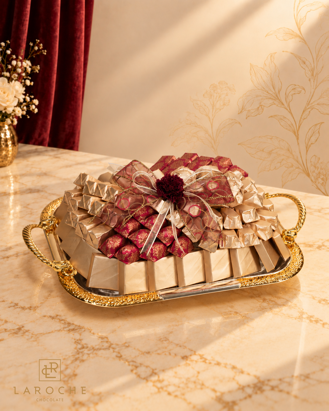 LaRoche Crimson Gold Petite luxury chocolate tray with assorted premium chocolates in red cream and gold tones