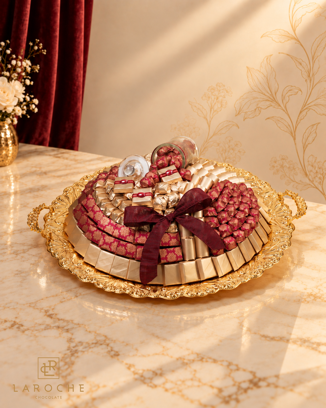 LaRoche Crimson Gold Signature round chocolate tray with assorted premium chocolates in red cream and gold tones