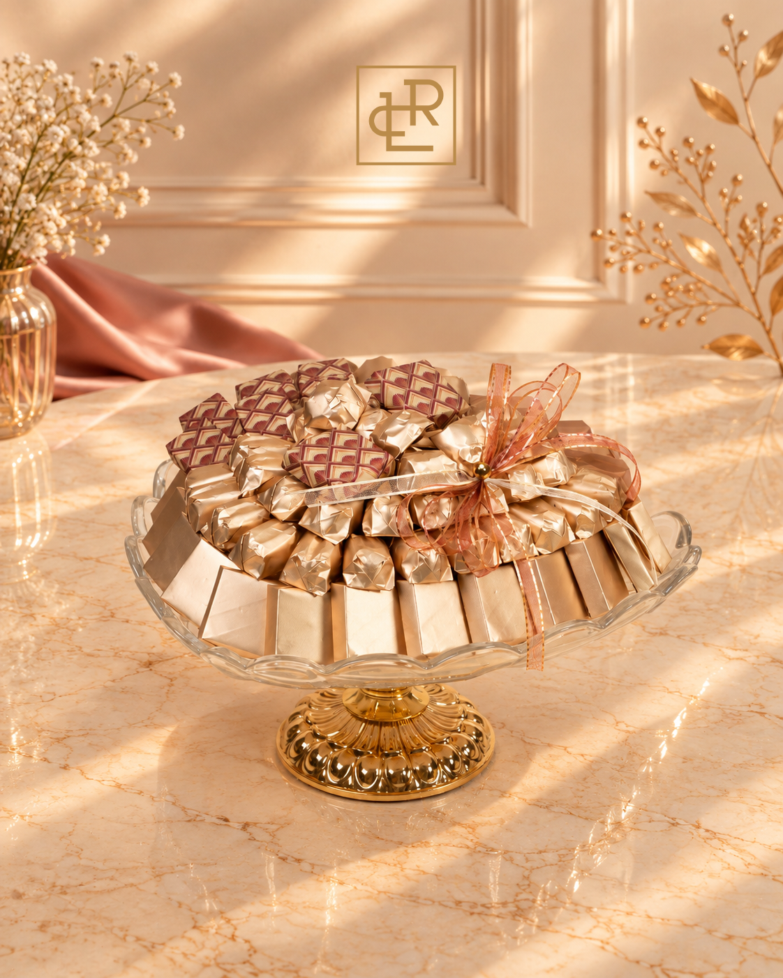 LaRoche Blush Gold luxury chocolate vase with assorted premium chocolates in blush cream and gold tones