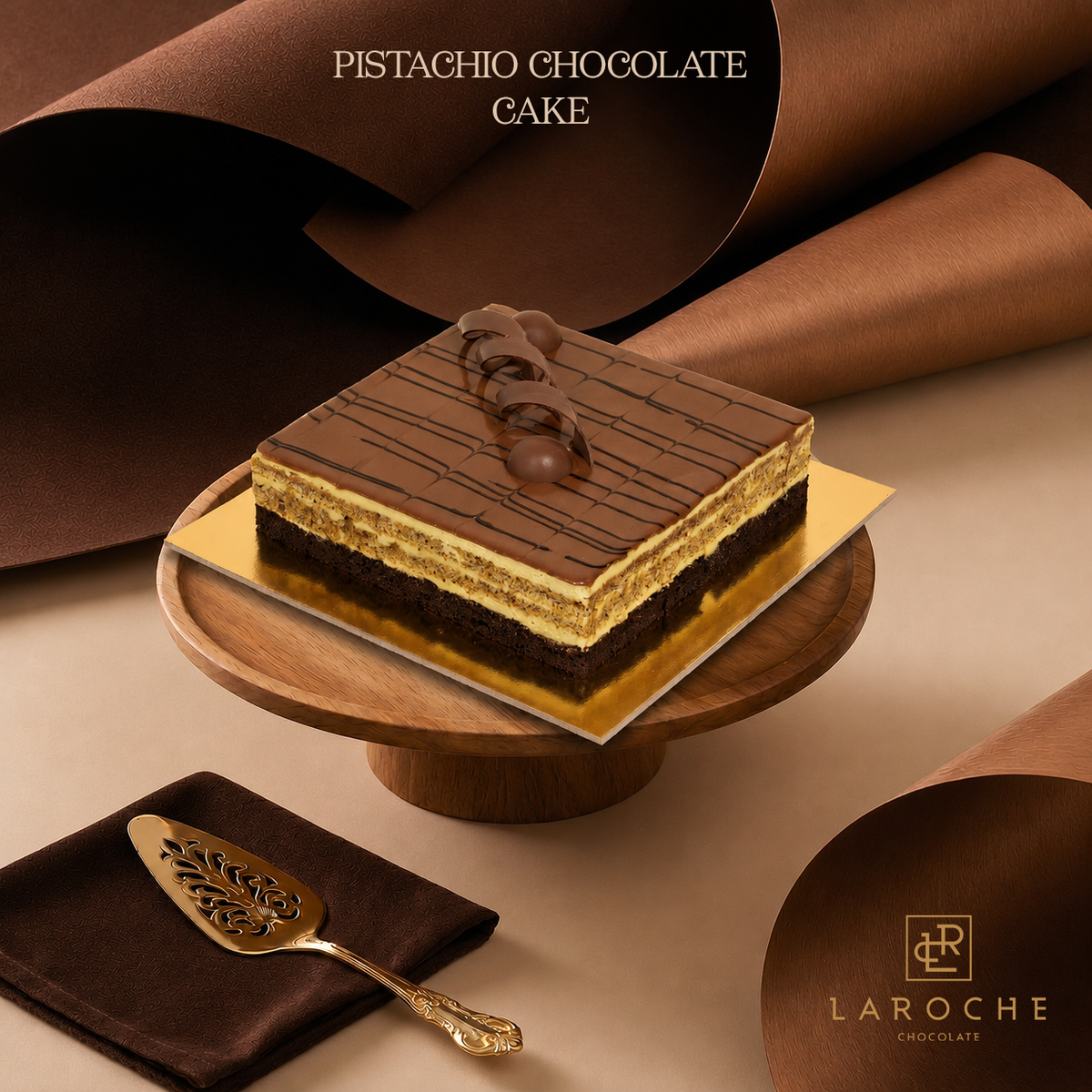 Laroche pistachio chocolate cake in Dubai with luxury presentation
